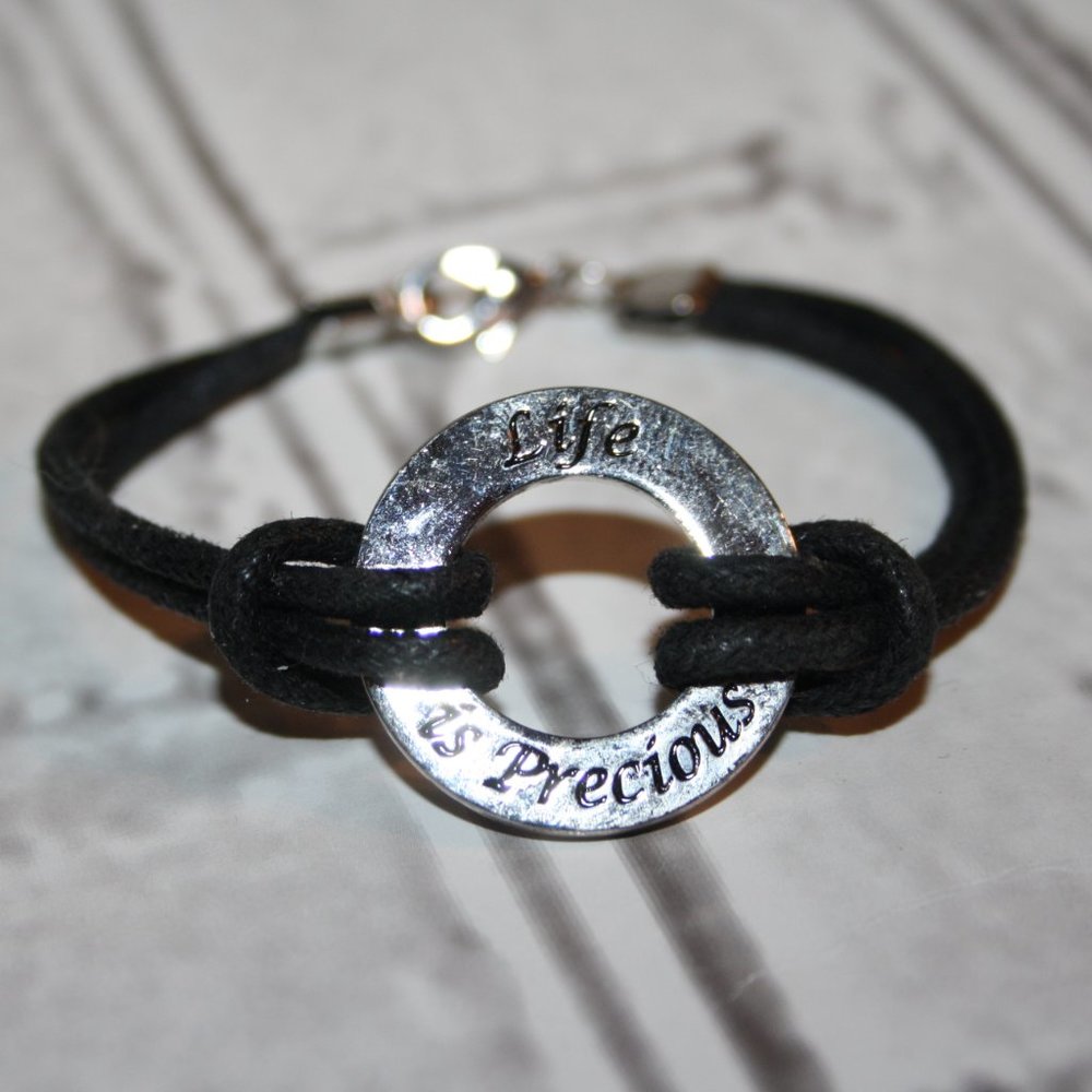 Silver and black cord Life is Precious bracelet 6.5"